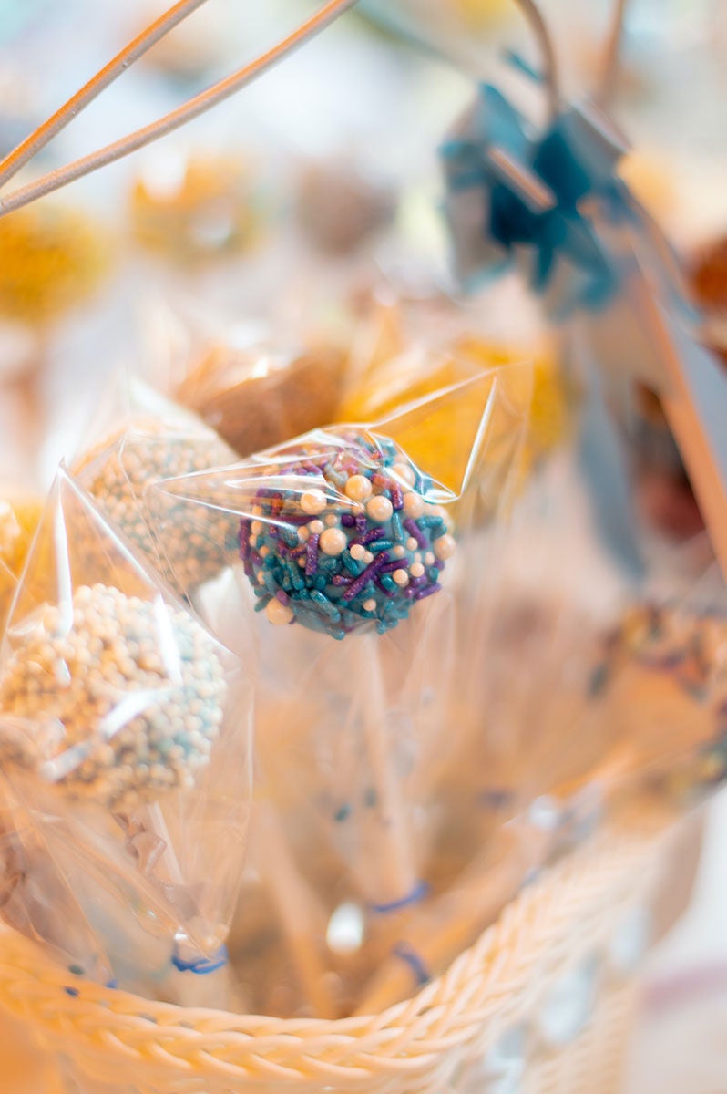 packaged cakepops in a gift basket
